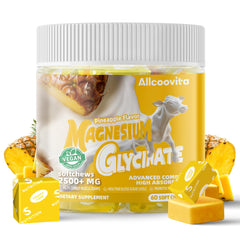 Allcoovita magnesium glycinate soft chews pineapple bottle for calm nightly support.