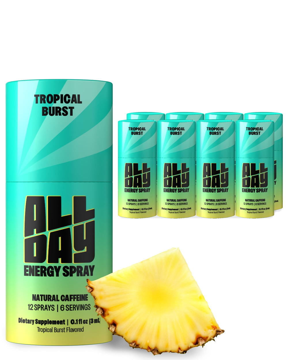 ALLDAY caffeine spray packaging showcases a sleek bottle for sugar-free energy on the go.