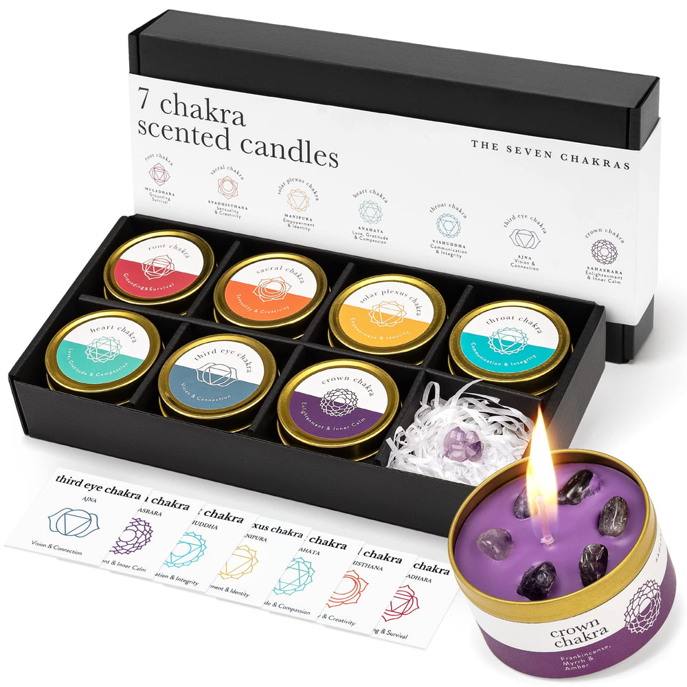 Allegorie Chakra Candle Box with seven chakra crystals inside for mindful rituals.