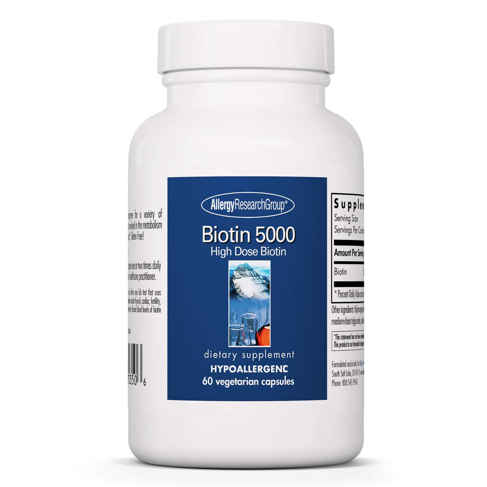 Allergy Research Group Biotin 5000mcg bottle label; high-dose hypoallergenic capsules for hair, skin, nails