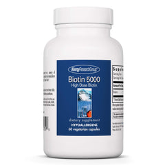 Allergy Research Group Biotin 5000mcg bottle label; high-dose hypoallergenic capsules for hair, skin, nails