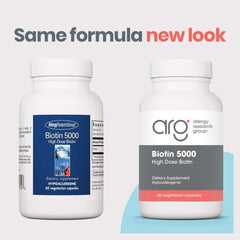 Allergy Research Group Biotin 5000mcg bottle on desk; vegan-friendly daily supplement
