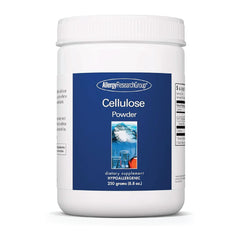 Allergy Research Group cellulose powder bottle on shelf, hypoallergenic, high-fiber formula.