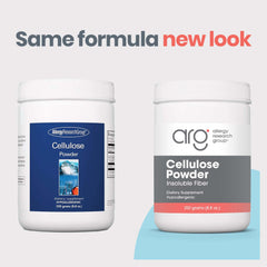 Allergy Research Group cellulose powder package front highlighting hypoallergenic, doctor-developed formula