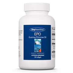 Allergy Research Group EPO bottle front with softgel capsules supporting skin and eye moisture