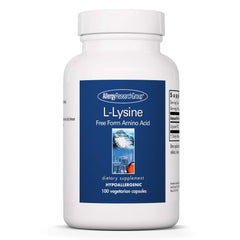 Allergy Research Group L-Lysine bottle with 500 mg capsules for daily support.