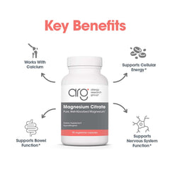 Allergy Research Group Magnesium Citrate bottle with packaging demonstrates doctor-developed, hypoallergenic quality
