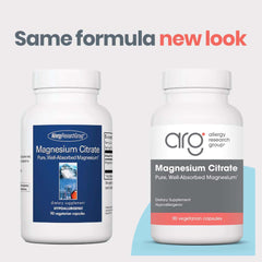 Allergy Research Group Magnesium Citrate label close-up highlighting 170 mg per capsule for steady mineral intake