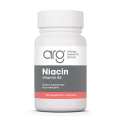 Allergy Research Group Niacin capsule bottle highlighting energy metabolism support.