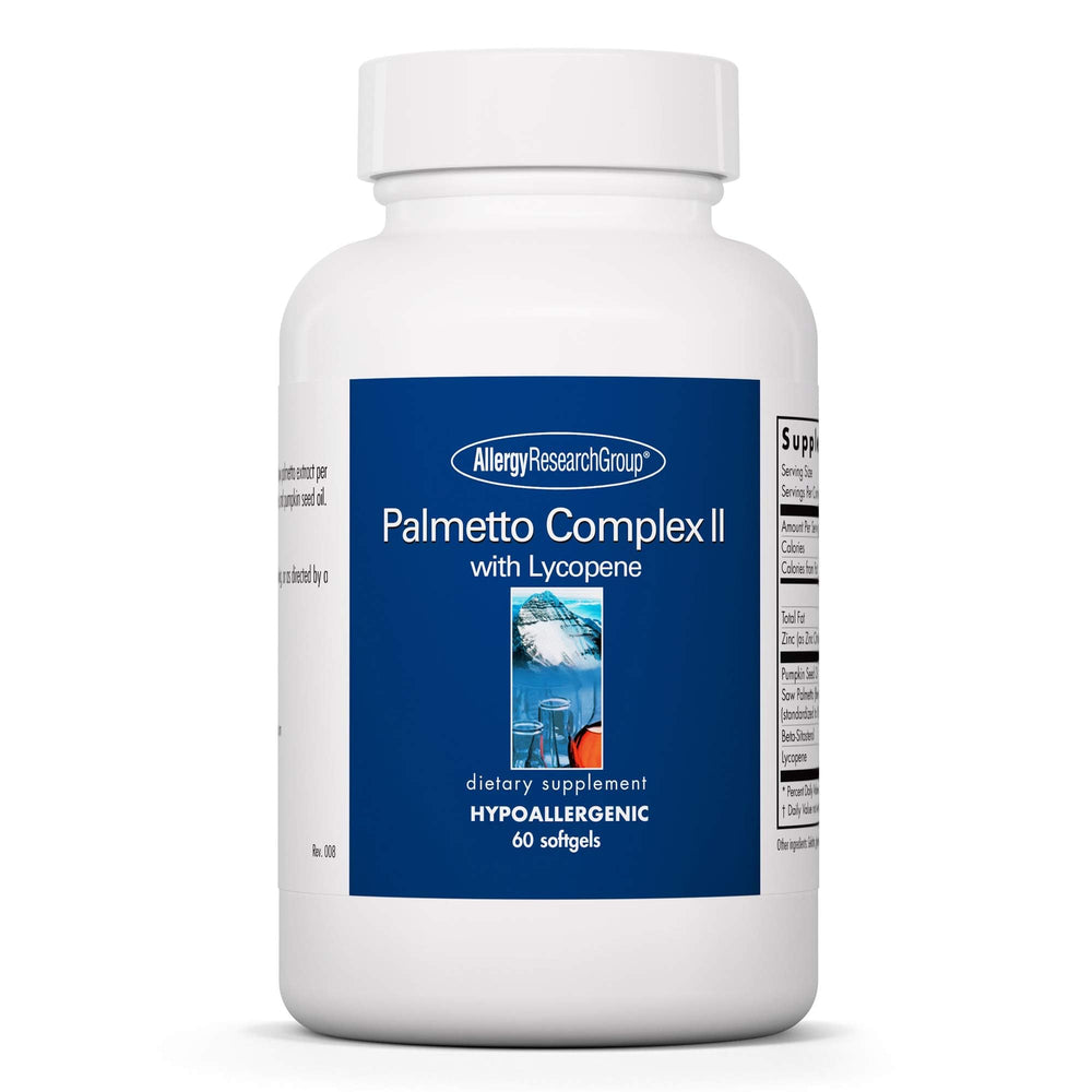 Allergy Research Group Palmetto Complex II bottle emphasizing prostate support benefits