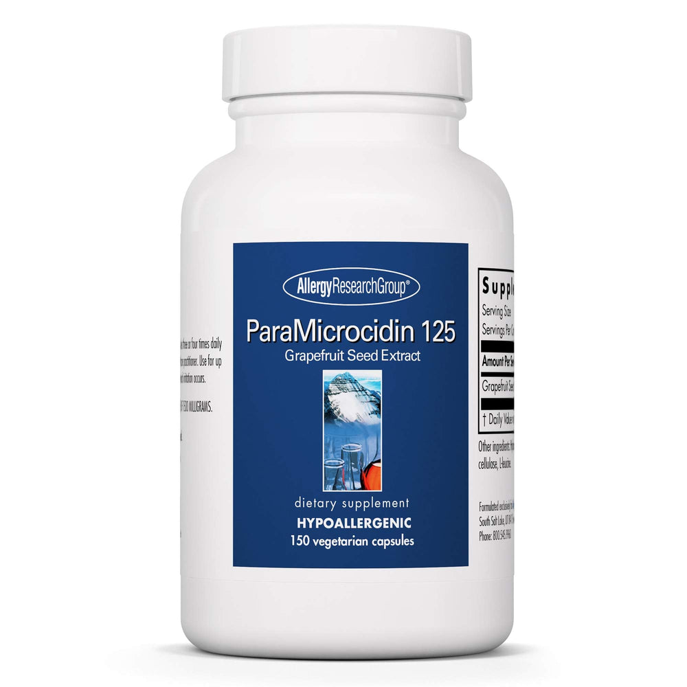 Allergy Research Group ParaMicrocidin 125 bottle label highlights 250 mg grapefruit seed extract per capsule for daily use.