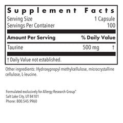 Allergy Research Group Taurine 500mg capsules close-up showing free-form taurine.