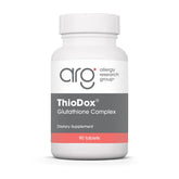 Allergy Research Group ThioDox bottle close-up showing glutathione complex for daily antioxidant support