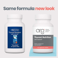 Allergy Research Group thyroid nutrition bottle on shelf for convenient daily intake.