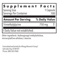 Allergy Research Group TMG label detail showing hypoallergenic formula.