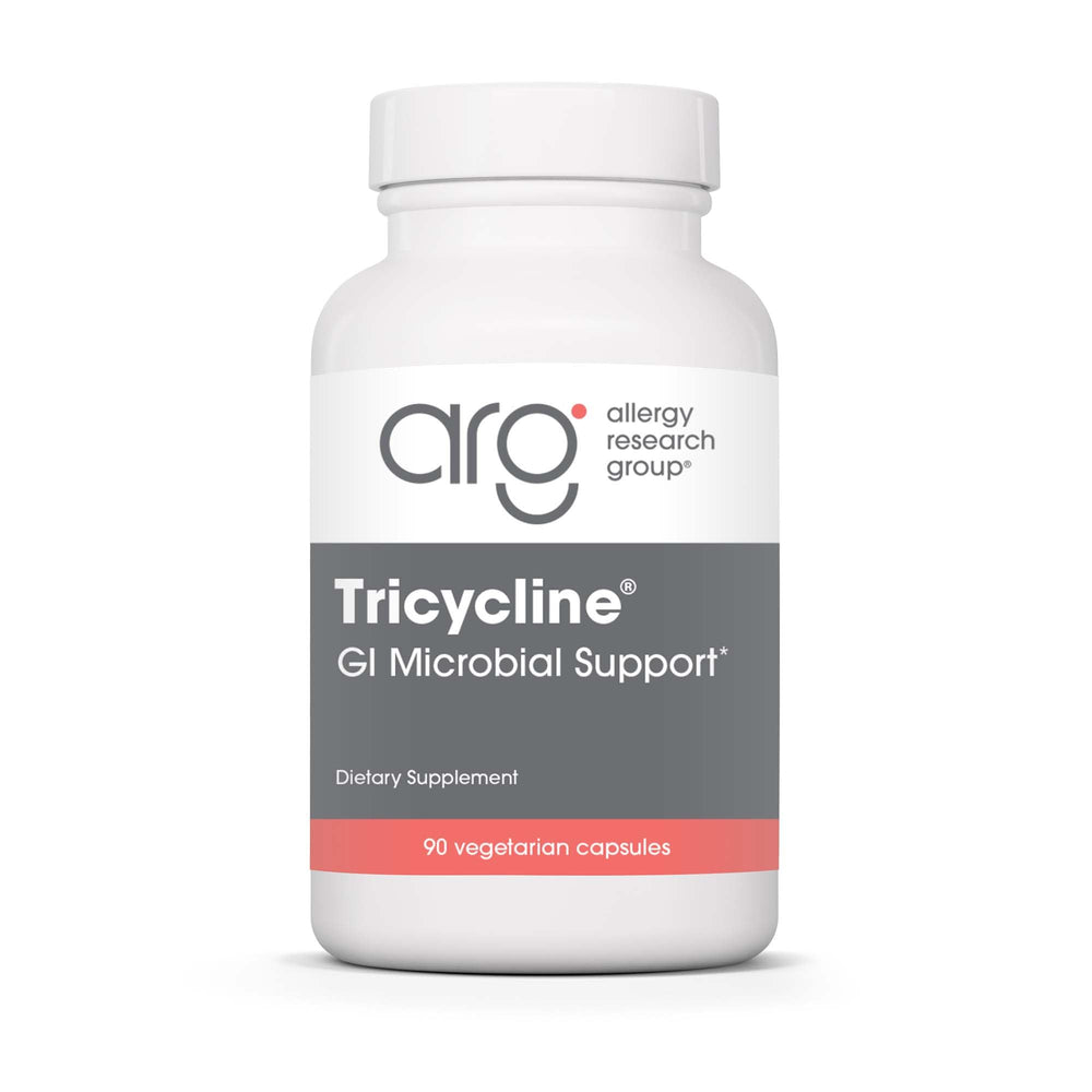 Allergy Research Group Tricycline bottle with capsules supports probiotic balance.