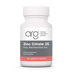 Allergy Research Group zinc citrate bottle with capsules for daily immune support.