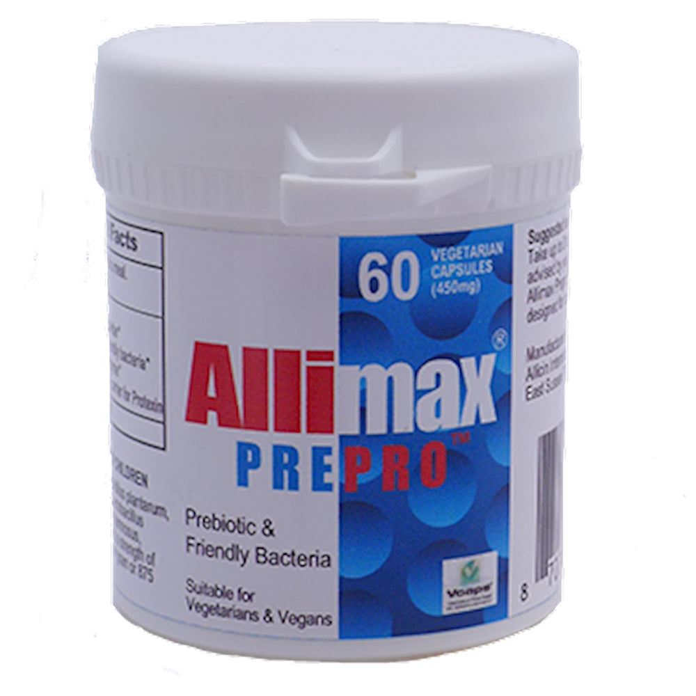 Allimax PrePro capsules close-up with digestive enzyme blend for gut support