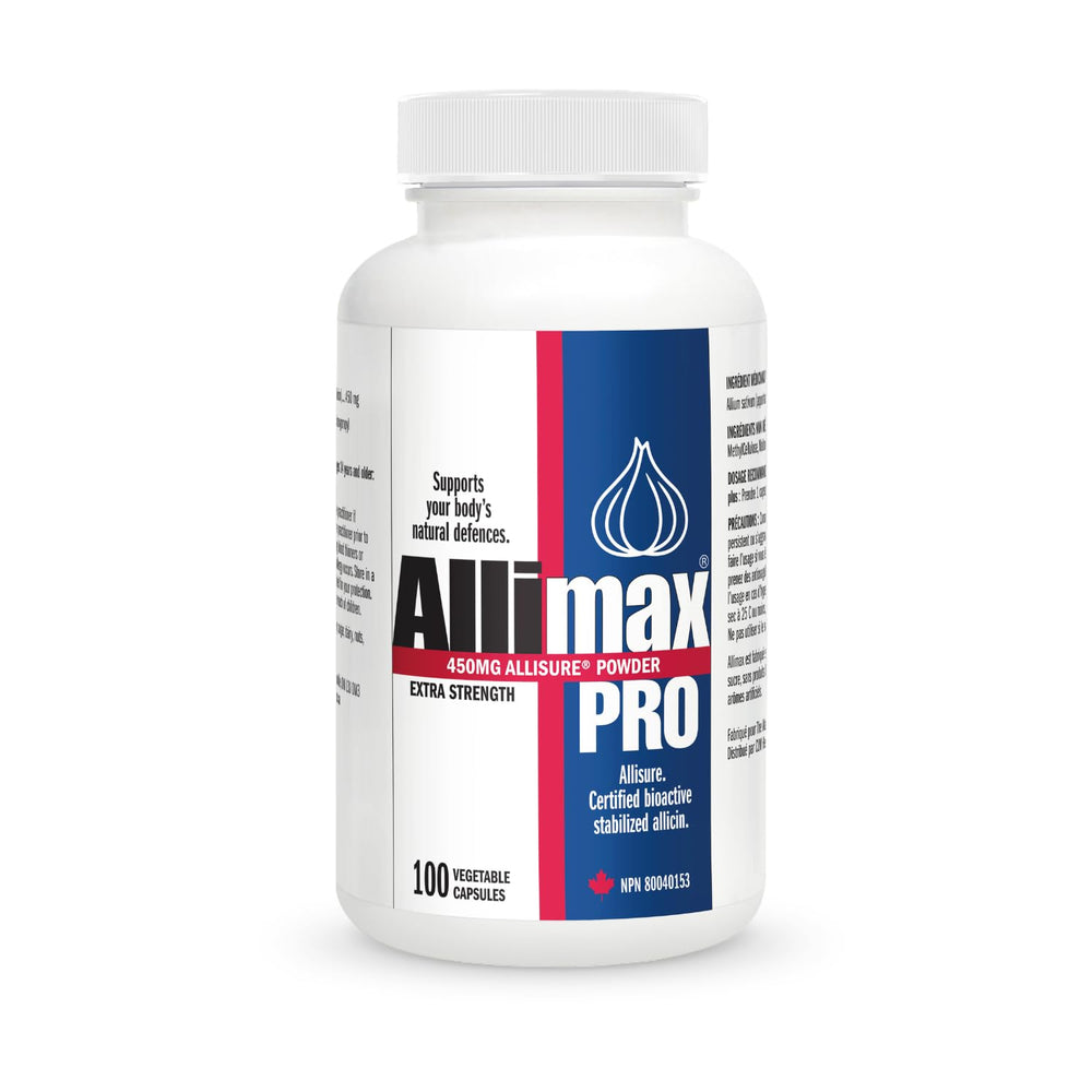 Allimax Pro 450mg bottle front highlights professional-strength allicin for daily immune support.