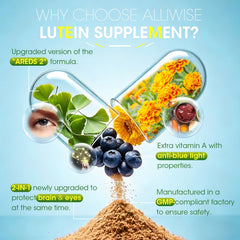 Alliwise Lutein Eye Vitamin ingredients highlight lutein and zeaxanthin for eye health.