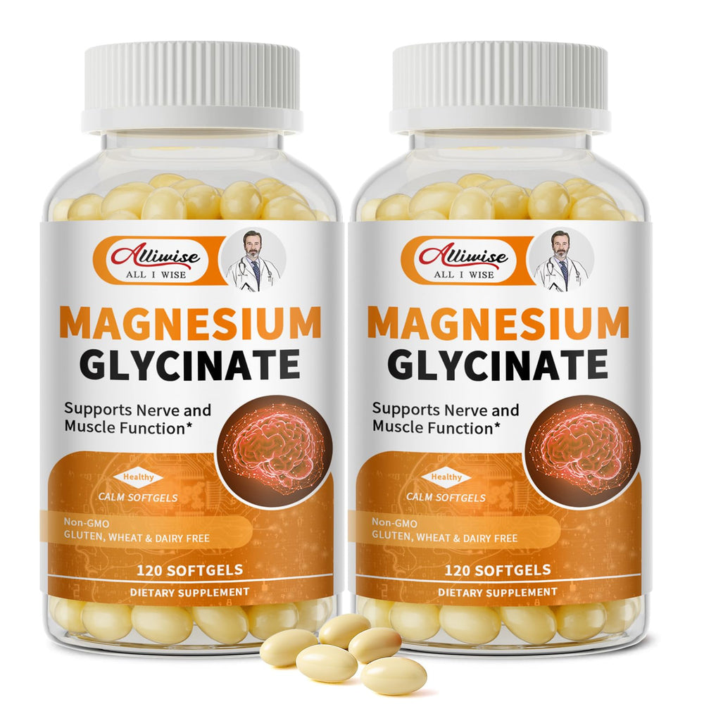Alliwise magnesium glycinate softgels in a bottle for easy daily use.