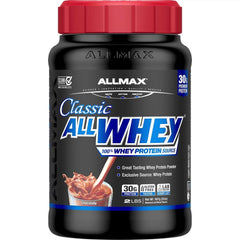 ALLMAX ALLWHEY Chocolate 2lb jar front highlights protein-rich formula for active days