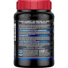 ALLMAX ALLWHEY Chocolate 2lb scoop in jar emphasizes convenient serving size