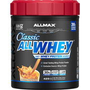 ALLMAX AllWhey Classic jar front view in chocolate peanut butter flavor, ideal post-workout shakes.