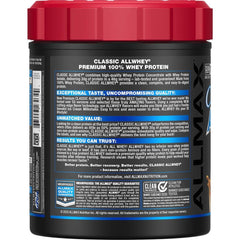 ALLMAX AllWhey Classic label closeup highlights purity and certifications.