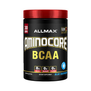 ALLMAX AMINOCORE blue raspberry tub front for intra-workout support.
