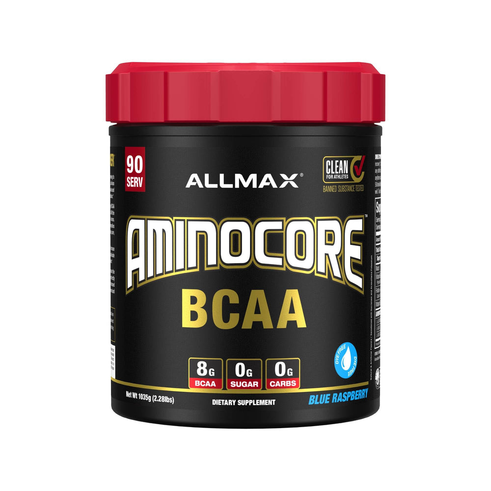Allmax AminoCORE Blue Raspberry tub front with sugar-free BCAAs for clean training support