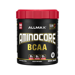 ALLMAX AMINOCORE bottle with scoop ready for intra-workout fueling.