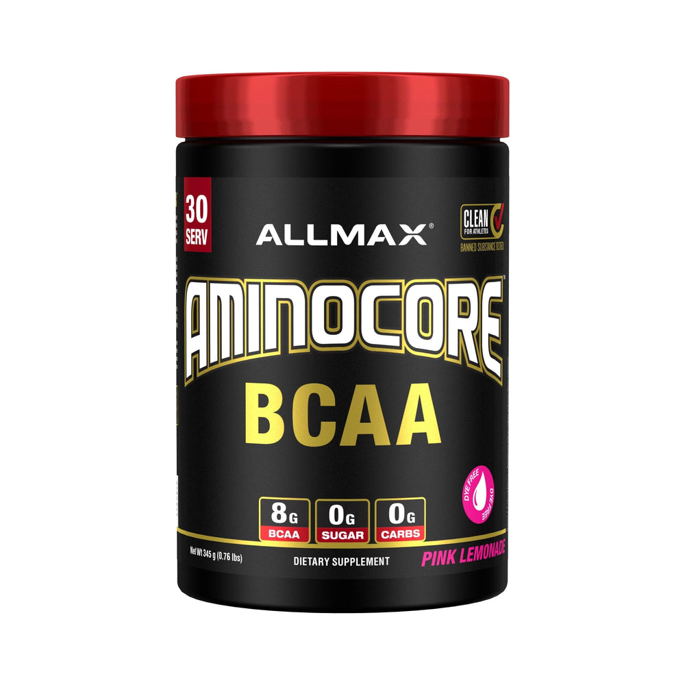 ALLMAX AMINOCORE pink lemonade powder in a tub for intra-workout support.