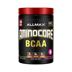 ALLMAX AMINOCORE pink lemonade powder in a tub for intra-workout support.