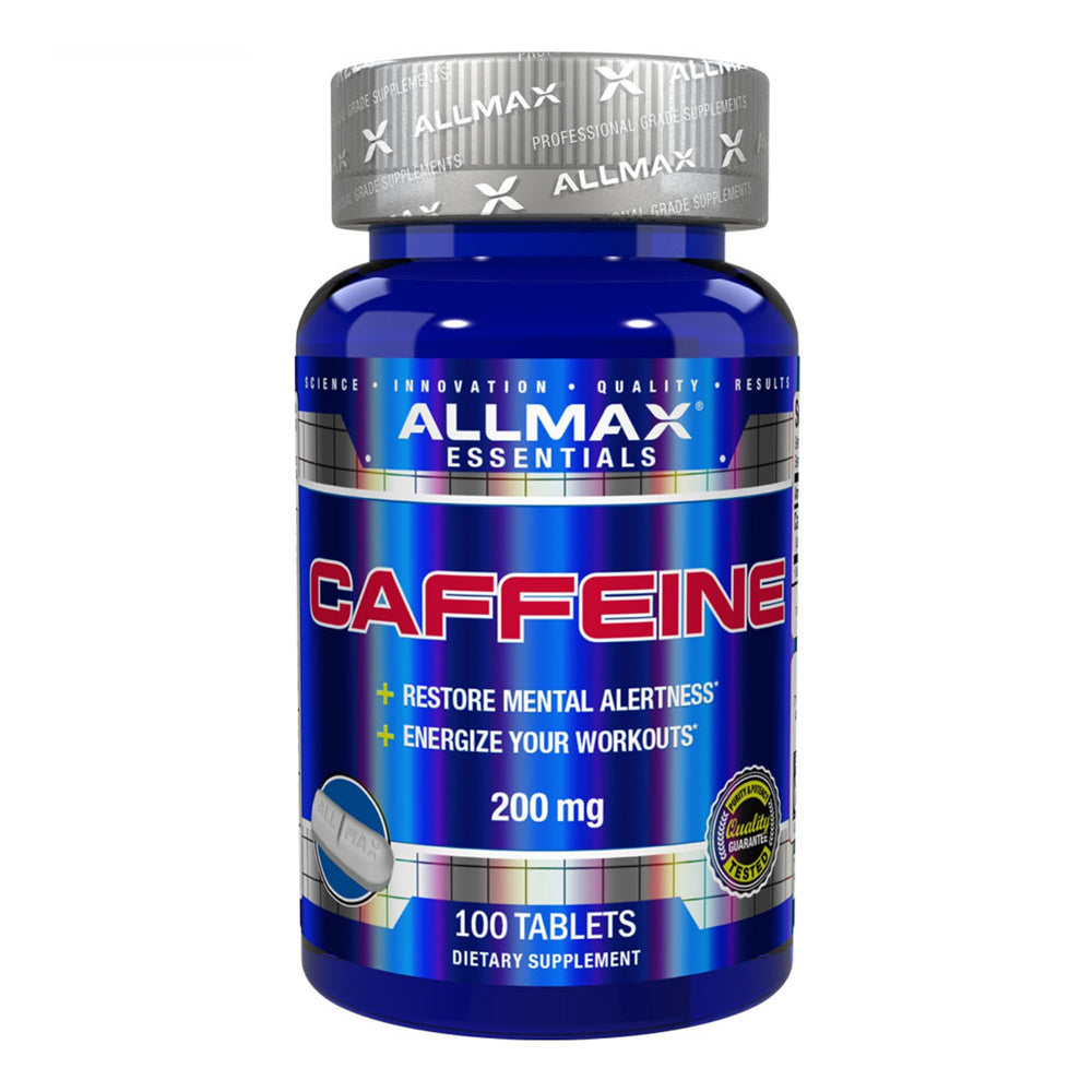 AllMax Caffeine tablets on the front label highlight focus-ready energy