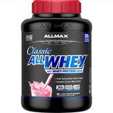 ALLMAX ALLWHEY Strawberry tub front showcases a gluten-free protein option for daily fueling.