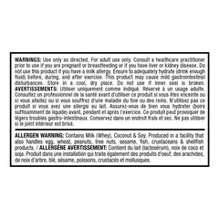 Close-up of ALLWHEY Vanilla label showing gluten-free and kosher certification.