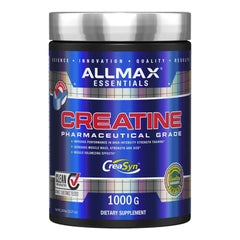 AllMax CREATINE bottle front label emphasizes vegan, gluten-free support for performance-minded athletes.