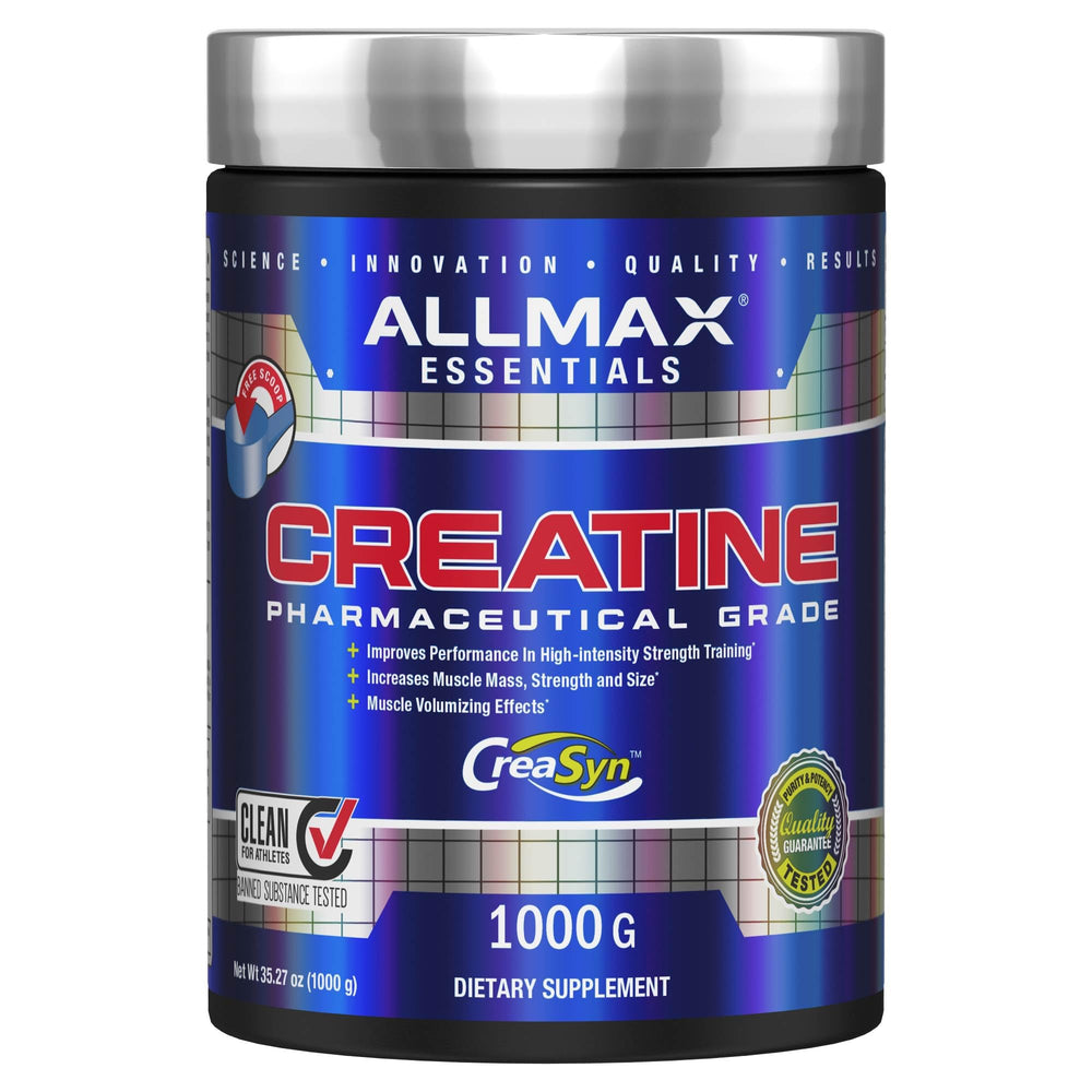 ALLMAX Creatine Monohydrate powder label highlights pharmaceutical-grade purity for enhanced training energy.