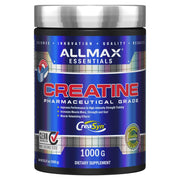 ALLMAX Creatine Monohydrate powder label highlights pharmaceutical-grade purity for enhanced training energy.