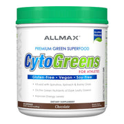 Allmax Cyto-Greens chocolate powder tub ready for a quick greens boost.