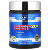 Allmax EGT 20+ bottle label closeup highlighting ergothioneine and mushroom polysaccharides for antioxidant support.