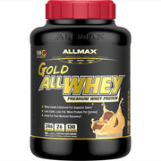 AllMax Gold ALLWHEY chocolate peanut butter tub showcases premium protein powder for athletes.