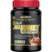 AllMAX Gold ALLWHEY chocolate tub front showing high-protein formula for workouts