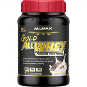 AllMax Gold AllWhey Cookies & Cream front label shows 24 g protein per scoop for post-workout fueling.