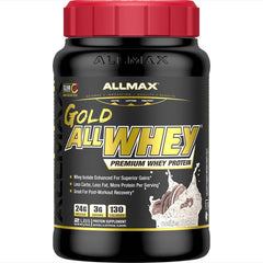 AllMax Gold AllWhey Cookies & Cream front label shows 24 g protein per scoop for post-workout fueling.