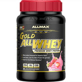 Allmax Gold ALLWHEY strawberry tub front showing premium protein formula for post-workout support