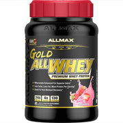 Allmax Gold ALLWHEY strawberry tub front showing premium protein formula for post-workout support