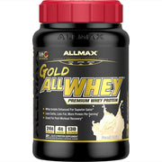 AllMax Gold AllWhey whey protein powder vanilla with measuring scoop for post-workout use