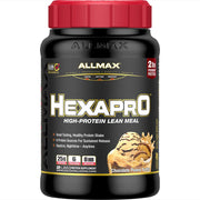 ALLMAX HEXAPRO chocolate peanut butter tub, ideal for between-meal fueling.